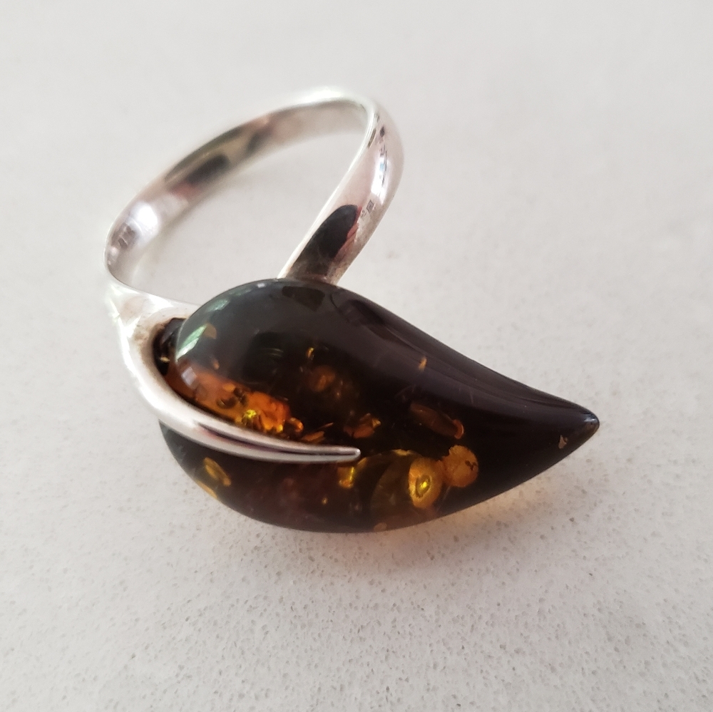 💍Modern Amber & Sterling Silver Asymmetrical Ring, Sz 7.5